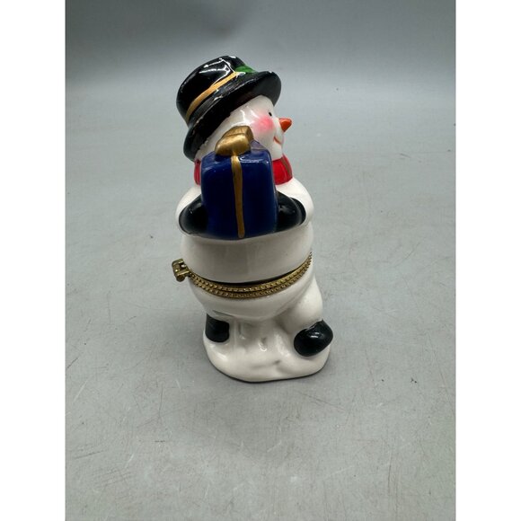 Vintage Christmas Snowman Trinket Box With Gift & Gold Accents Ceramic  READ - Picture 5 of 7
